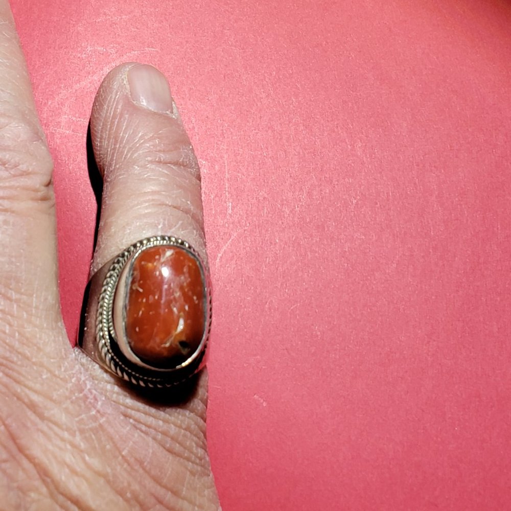 Vintage 925 Red Coral Turquoise Ring